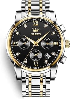 Men's Chronograph Watch, Gold Silver Tone Stainless Steel Analog Quartz Watch, Multi-Function Waterproof Date Diamond Roman Numerals Dial Dress Watch for Men