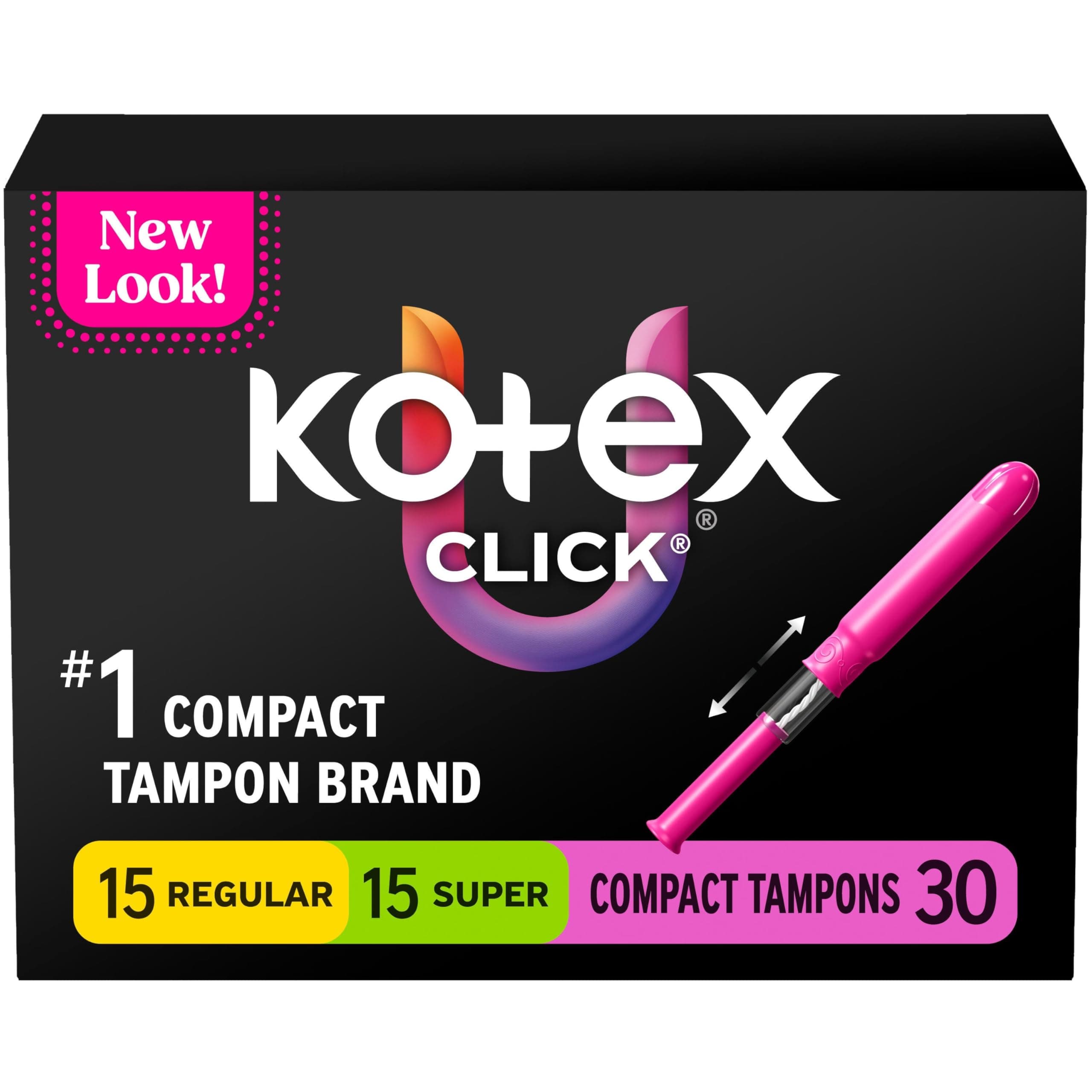U by Kotex Click Multipack Tampons, Compact, Regular/Super Absorbency, Unscented, 180 Count (6 Packs of 30) (Packaging May Vary)