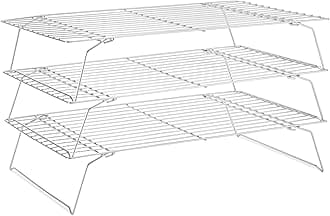 Briout Cooling Rack for Baking 3 Tiers, 16" x 10" Cookie Cooling Wire Rack Stackable Collapsible Nonstick, Stainless Steel Baking Cooking Cooling Racks with Optimum Air Flow, Silver