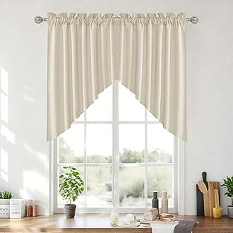 Short Kitchen Valances and Curtain Set, Thick Faux Linen Blended Topper Privacy Protect Short Swag Topper for Bedroom Bathroom, 2 Panels, Rod Pocket, Linen, W 36 x L 36 inch