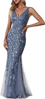 Women's Sequin Formal Dress Double V-Neck Sleeveless Mermaid Long Evening Prom Dresses 07886