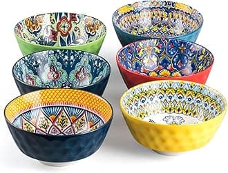 HENXFEN LEAD Ceramic Cereal, Soup Bowls Set of 6-25 Oz Porcelain Serving Bowls for Dinner, Pasta, Salad, Oatmeal, Microwave & Dishware Safe - Bohemian Style
