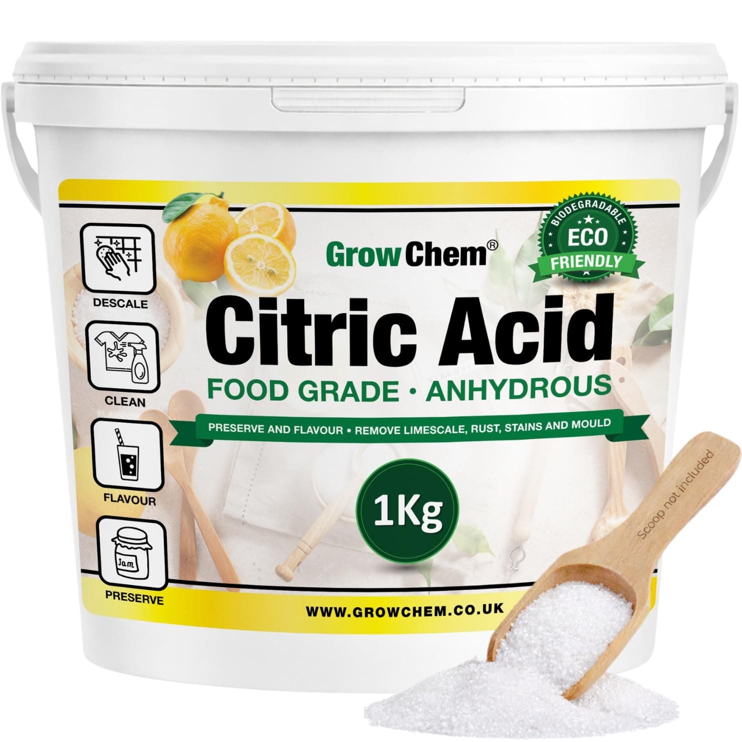 Citric Acid (1Kg Bucket) – Pure Anhydrous, Food Grade Citric Acid for Cleaning, Descaling, Food Preservation, Flavouring and making Bath Bombs.