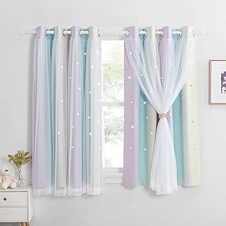 NICETOWN Blackout Kids Curtain - Star Cut Out Thermal Curtains for Bedroom Decoration with Net Sheer Eyelet Top Colourful Baby Curtain Drapes, W52×L63 Inch (132x160 cm), 1 Pair, Purple Blue Yellow