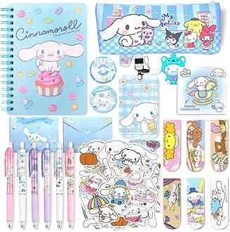 HASTHIP® 26Pcs Kawaii Cinnamoroll School Supplies Set, Kawaii Stationery Supplies Set with Notebook, Pencil Pouch, Black Ball Pen, Assorted Cinnamoroll Stickers, Stationery Items Gift for Girls