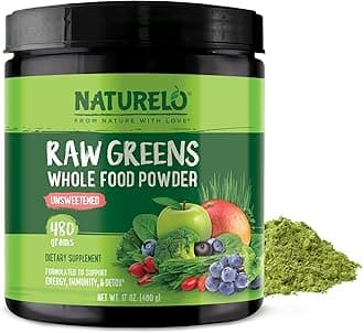 NATURELORaw Greens Superfood Powder - Unsweetened - Boost Energy, Detox, Enhance Health - Organic Spirulina - Wheat Grass - Whole Food Nutrition from Fruits & Vegetables - 480 Grams