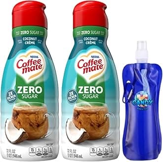 Coffee-Mate Liquid Coffee Creamer – Two (2) 32 fl oz Bottles with Candy Freezer Collapsible Water Bottle (Zero Sugar Coconut Crème) - Bottle