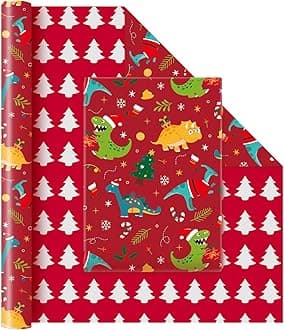 WERNNSAI Dinosaur Christmas Wrapping Paper Jumbo Roll - 1 Roll 17” x 33 ft Cute Dino Kids Christmas Wrapping Paper Funny Christmas Wrap Decoration Reversible Xmas Tree Party Gift, Red