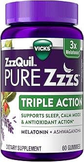 ZzzQuil PURE Zzzs Triple Action, Melatonin Gummies, Melatonin 6mg, 3X Melatonin, Sleep Aid with Ashwagandha, Calm Mood, Antioxidant Action, Sleep Aids for Adults, 60 Sleep Gummies
