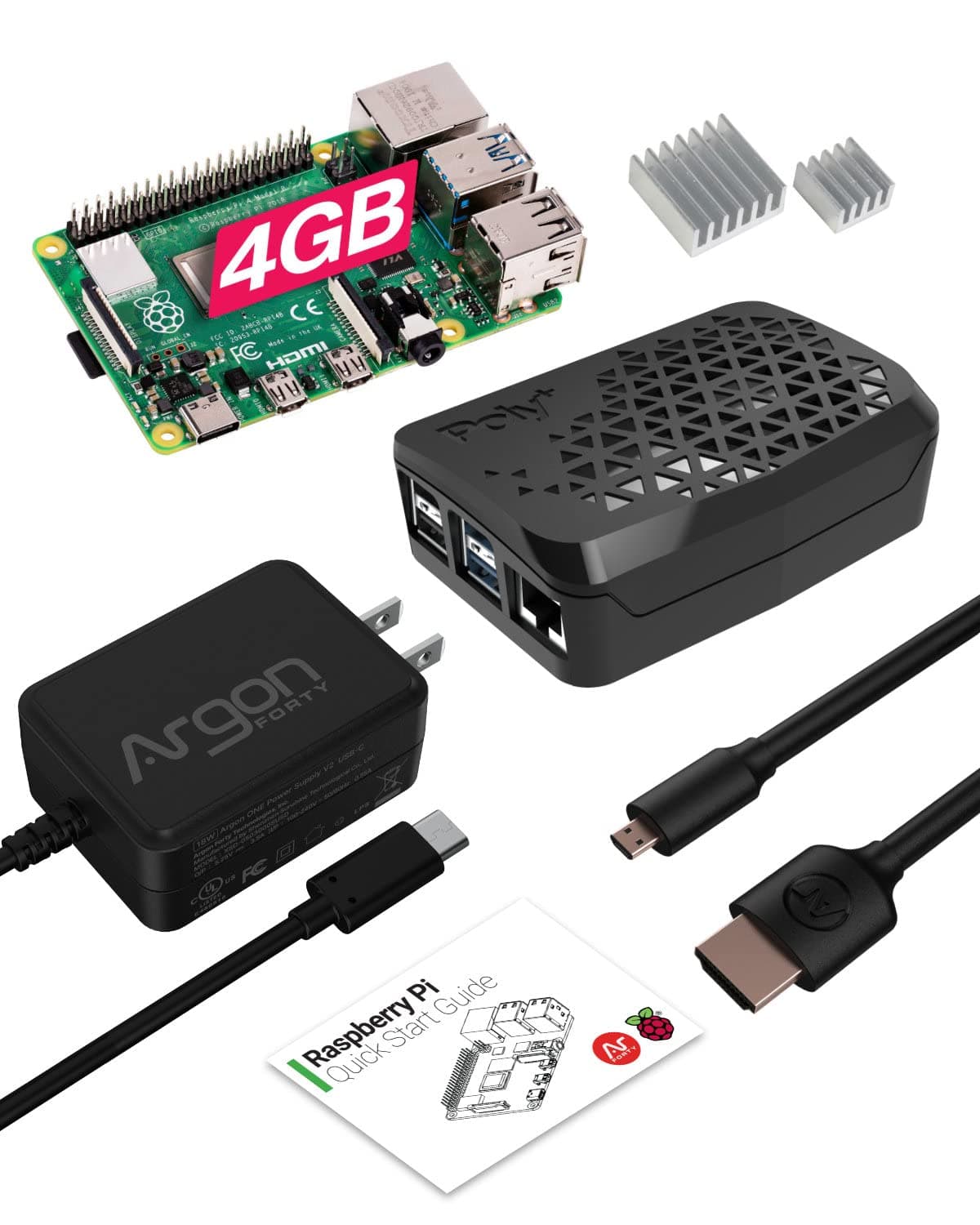Argon x Raspberry Pi 4 Kit (4 Gig) Barebones Kit with Argon Poly+ Raspberry Pi 4 Case | Includes Micro HDMI to HDMI Cable, Type-C Power Supply and Quick Start Guide for Raspberry Pi 4