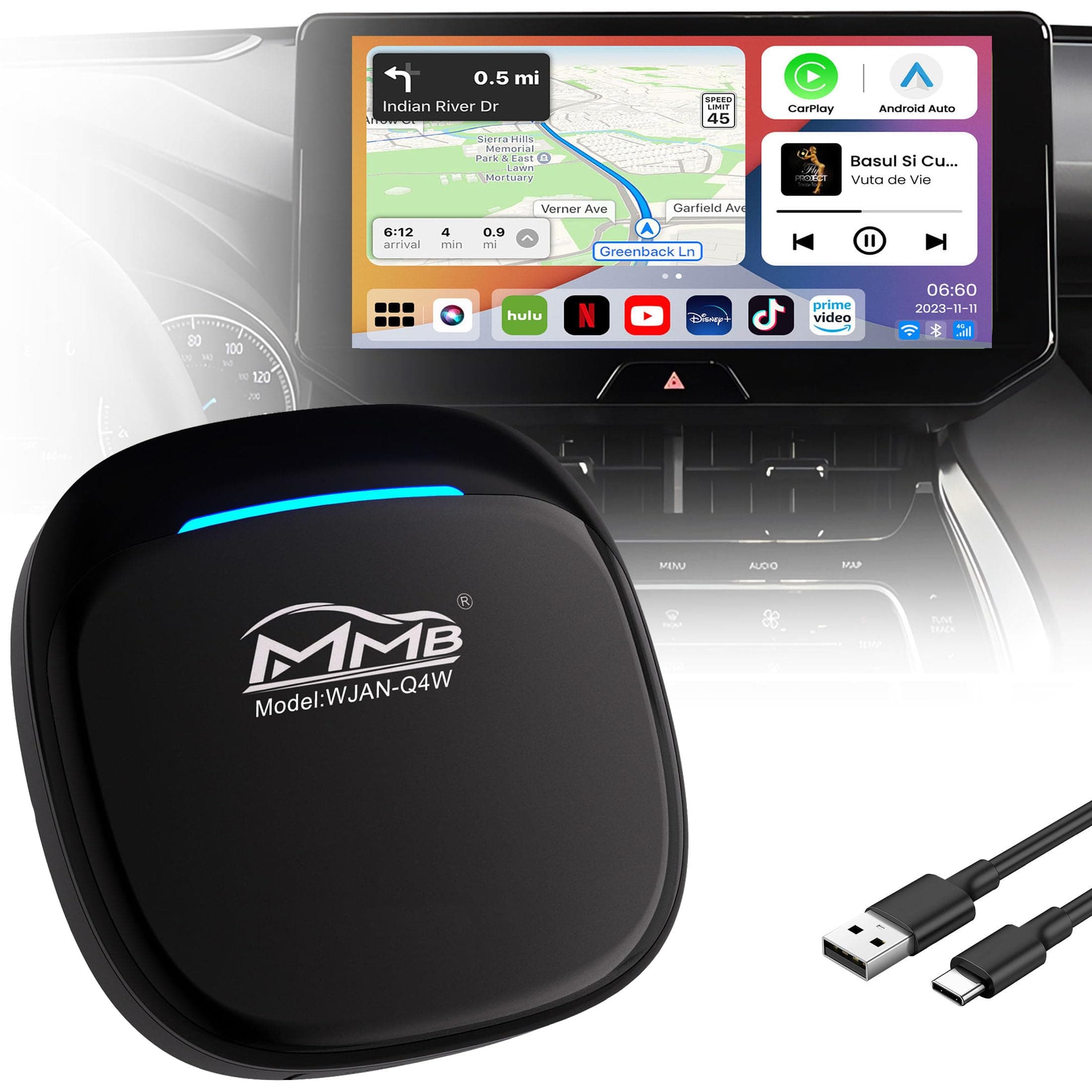Magic Box 4.0 Wireless CarPlay & Android Auto, 2024 Newest,8+128GB,8-Core, Android 13, QCM 6125,Built-in HDMI, GPS Navigation, Support Multimedia Video/NetfIix/YouTube/Tiktok Play Store