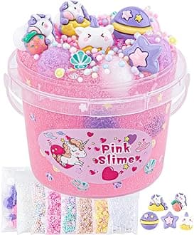10 FL OZ Unicorn Slime Kit, Pink Clear Slime Bucket, Slimes Party Favors for Kids, Glimmer Crunchy Slimes Includes 9 Packs of Add-ins, Sensory Experience DIY Toys for Girls and Boys Ages 8-12