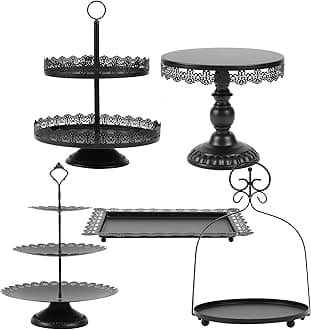 ZUMELER 5Pcs Black Cake Stands Set Metal Cupcake Holder Cookies Dessert Display Plate Serving Tower Tray Platter with Handl for Baby Shower Wedding Birthday Party Celebration