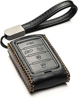 Genuine Leather Smart Key Fob Case Compatible With Jeep Wagoneer, Grand Cherokee, Black, 5-Button, Classic
