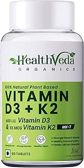 HEALTH VEDA ORGANICS PRIVATE LIMITED Vitamin D3 (600 IU) + Vitamin K2 as Mk7 (55Mcg) | 60 Veg Tablets | Supports Healthy Bones, Boosts Immune System | For Men & Women