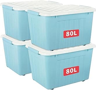 Cetomo 80L*4 Storage Boxes with Wheels, Plastic Storage Box with Lid, Latching Buckles, Click Closure, Stackable, Nesting, Durable Organizer for Home Office Clothes, Blue, 80L-4 Pack