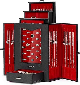 Homde Jewelry Organizer with Transparent Window Necklace Hooks Gift for Women Jewelry Box Display Case for Necklaces Rings Earrings Bracelets and Other Jewelry Accessories (Black & Red)