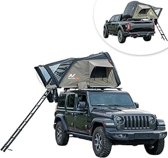 Naturnest Hard Shell Rooftop Tent Hardshell Roof Top Tent Car Camping for Pickup Wagon Van SUV All Seasons with Telescopic Ladder (Black & Beige)