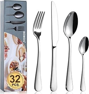 BEWOS Cutlery Set, 32-Piece Stainless Steel Flatware Set, Tableware Silverware Set with Spoon Knife and Fork Set, Service for 4, Dishwasher Safe/Easy Clean, Mirror Polished