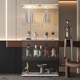 FANYUSHOW Glass Display Cabinet with LED Light, 2 Doors and Lock, Quick-Install Style 4-Shelf Curio Cabinet 5mm Tempered Glass Bookshelf for Living Room, Bedroom, 65" H x 32''L x 14''W (White)