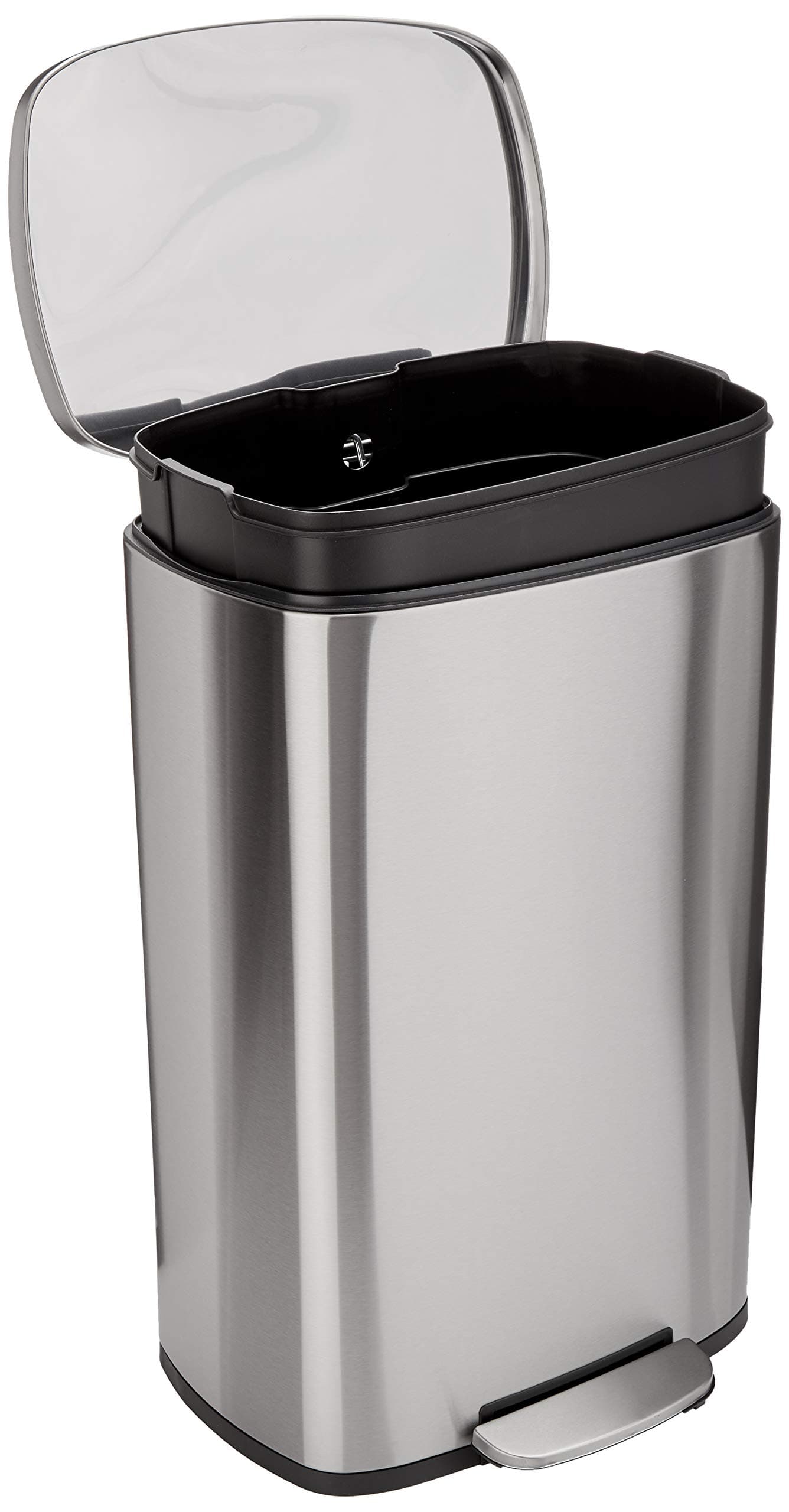 Smudge Resistant Rectangular Trash Can with Soft-Close Lid, Foot Pedal, Removable Inner Bucket, 50 Liter/13.2 Gallon, Brushed Stainless Steel, Satin Nickel Finish