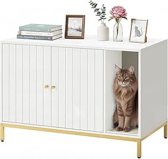 Feandrea Cat Litter Box Enclosure, Hidden Litter Box Furniture with Scratch Pad, Front Entry, Double Cabinet Doors, Modern Style, 35.4" Cat House Washroom Side End Table, White and Gold