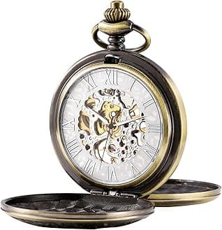 TREEWETO Men's Mechanical Skeleton Pocket Watch for Mens Women Blue Roman Numerals Dial Double Case Pocket Watches