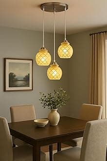 Elegant Triple Pendant Ceiling Light with Frosted Printed Globe Glass – Adjustable Steel Fixture, E27 Holder, 3 x 9W LED Warm White Bulbs Included – Ideal for Living Room, Dining, Bedroom
