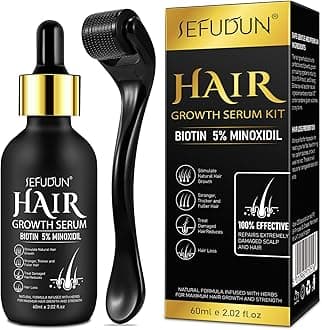 5% Minoxidil for Men and Women with Derma Roller, Hair Growth Serum & Beard Growth Kit, Minoxidil Biotin Hair Regrowth Treatment for Thicker, Fuller Hair - Stop Scalp Hair Loss & Thinning - 2.02 oz