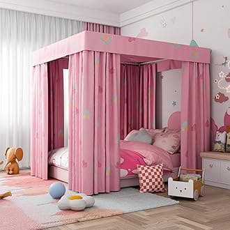Hvqic Pink Canopy Bed Curtains - 4 Corner Post Bed Curtains Lightproof Princess Bed Canopy for Girls Rainbow Canopy Bed Curtains for Kids Room Decor(King,Pink-Cloud)