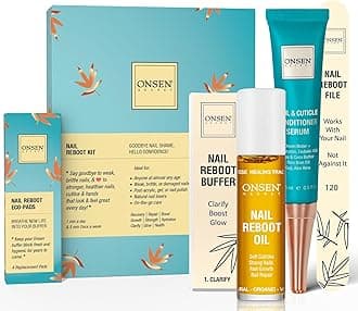 Onsen Secret Complete Nail Reboot Kit w/Cuticle Oil 10ml, Nail File 120/180 Grit Double Sided, A 3-Way Buffer Block & Cuticle Serum-15ml in Action | Super Value Pack