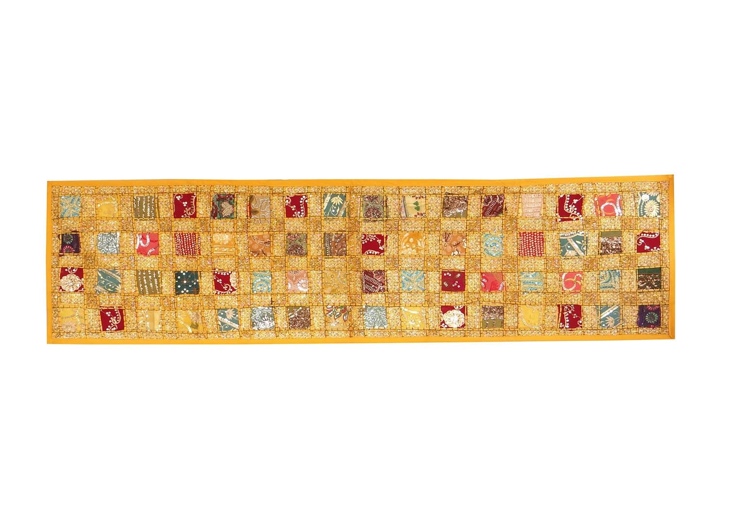 Yellow Handmade Bohemian Sequin Sari Patchwork Tapestry Table Runner