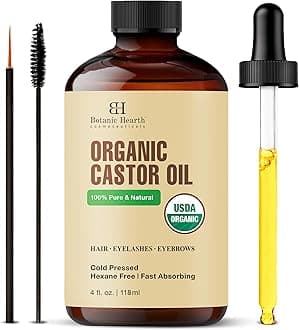 Botanic Hearth Castor Oil | USDA Certified Organic |100% Pure & Hexane Free | Cold Pressed | Growth for Eyelashes, Eyebrows, Hair | With Eyebrow & Eyelash Brush | 4fl oz