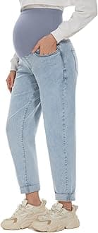 POSHGLAM Women's Maternity Boyfriend Jeans Over Belly Stretch Comfy Loose Casual Denim Pants with Pockets for Everyday Wear