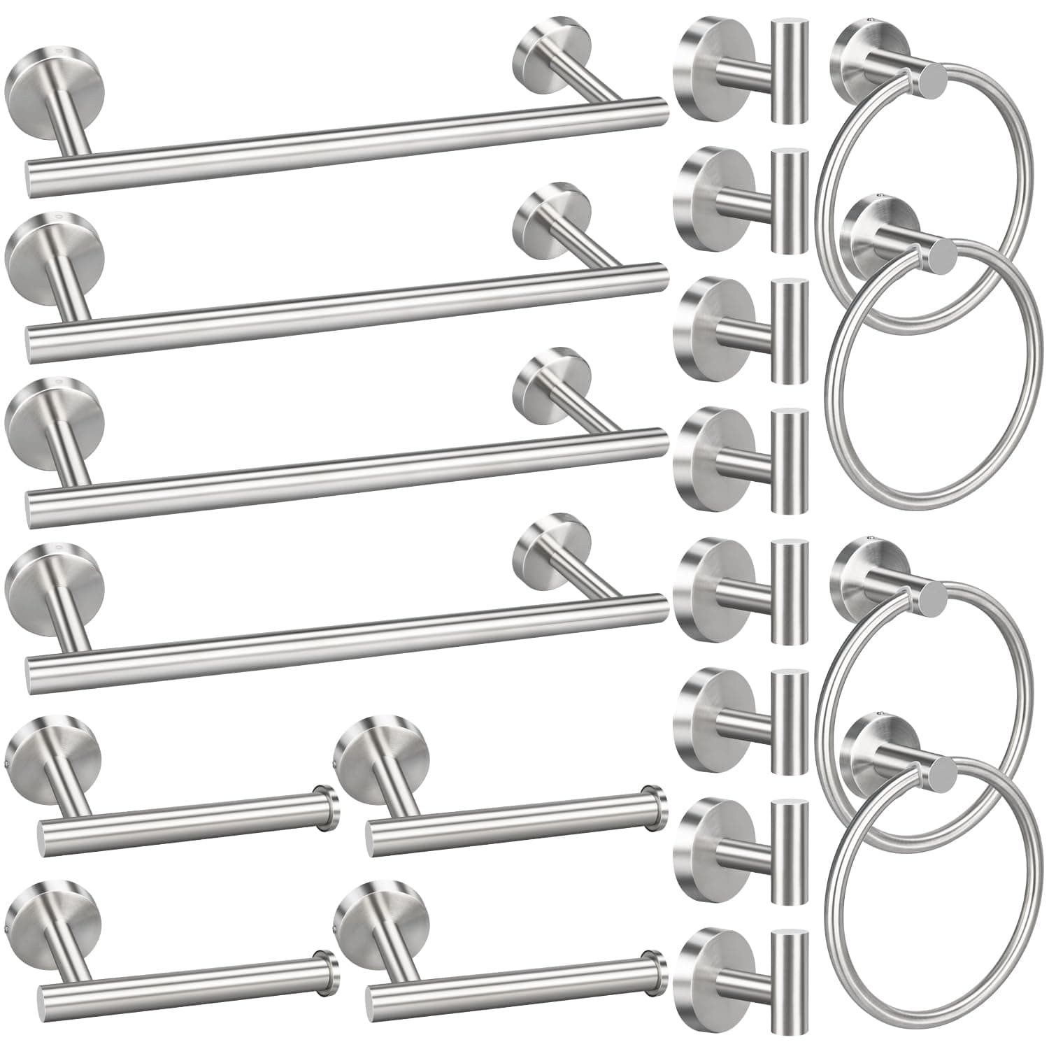 RUBY.Q 20pcs Bathroom Hardware Set, Brushed Nickel Bath Hardware Set, Including 16" Hand Towel Bars, Toilet Paper Holders, Towel Rings, Robe Towel Hooks (20pcs, Brushed Nickel)