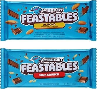 Feastables Mrbeast Milk Chocolate, Creamy Healthy Snack Individually Wrapped Bars for Dessert, Snacks Treats for Kids Small Gifts Presents (2× 60g, Almond & Milk crunch)
