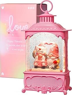 Valentines Day Snow Globe Gnome Snow Globe Lantern, Lighted Valentines Day Decorations for Home with Music Timer Swirling Glitter, Musical Valentines Day Gifts, USB or Battery Operated