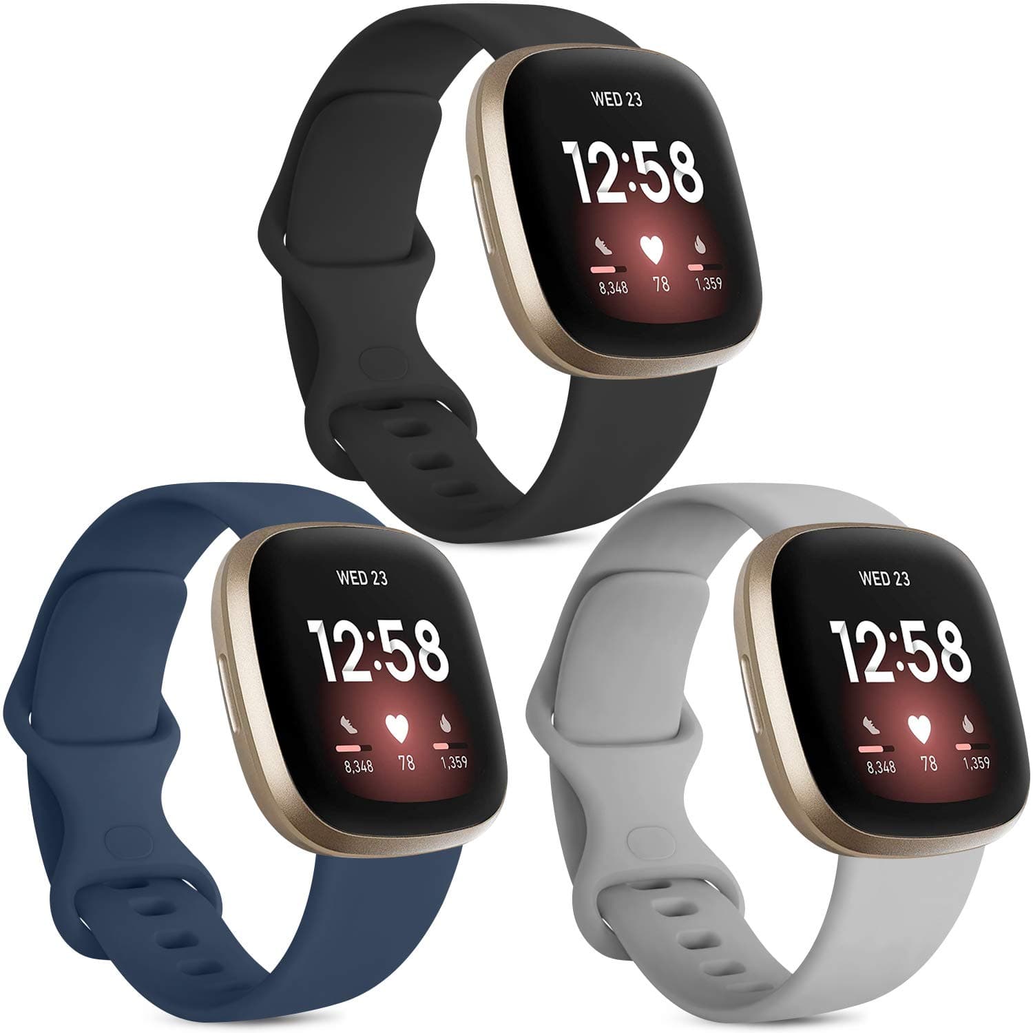 Vancle [3 Pack] Strap Compatible for Fitbit Versa 3 / Versa 4 /Sense 2 Straps, Soft Silicone Replacement Strap for Fitbit Sense Smart Watch