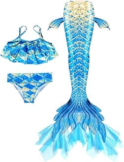 3 Piece Girls Kids 𝙈ermaid Tail Swimsuit for Swimming Gradient Color Ruffles Tiered Backless Cosplay Bikini Swimwear