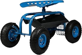 Sunnydaze Rolling Garden Cart with Steering Handle Swivel Seat & Basket - Blue