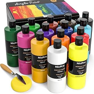 Nicpro 14 Colors Large Bulk Acrylic Paint Set (16.9 oz,500 ml) Rich Art Painting Supplies, Non Toxic for Multi Surface Canvas Wood Leather Fabric Stone Craft, for Kid & Adult with Color Wheel