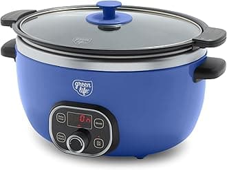 GreenLife 6QT Slow Cooker, Non-Toxic PFAS-Free Ceramic Nonstick Removable Interior Bowl, Programmable, Family Friendly, Keep Warm, Stovetop & Oven Safe, Dishwasher Safe Crock, Timer, Glass Lid, Blue