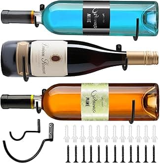 FLstudio Wall Mounted Wine Hooks: Set of 3 Metal Wall Mounted Wine Rack Hook, Hanging Wine Bottle Holder Organizer for Kitchen, Bar, Home Storage