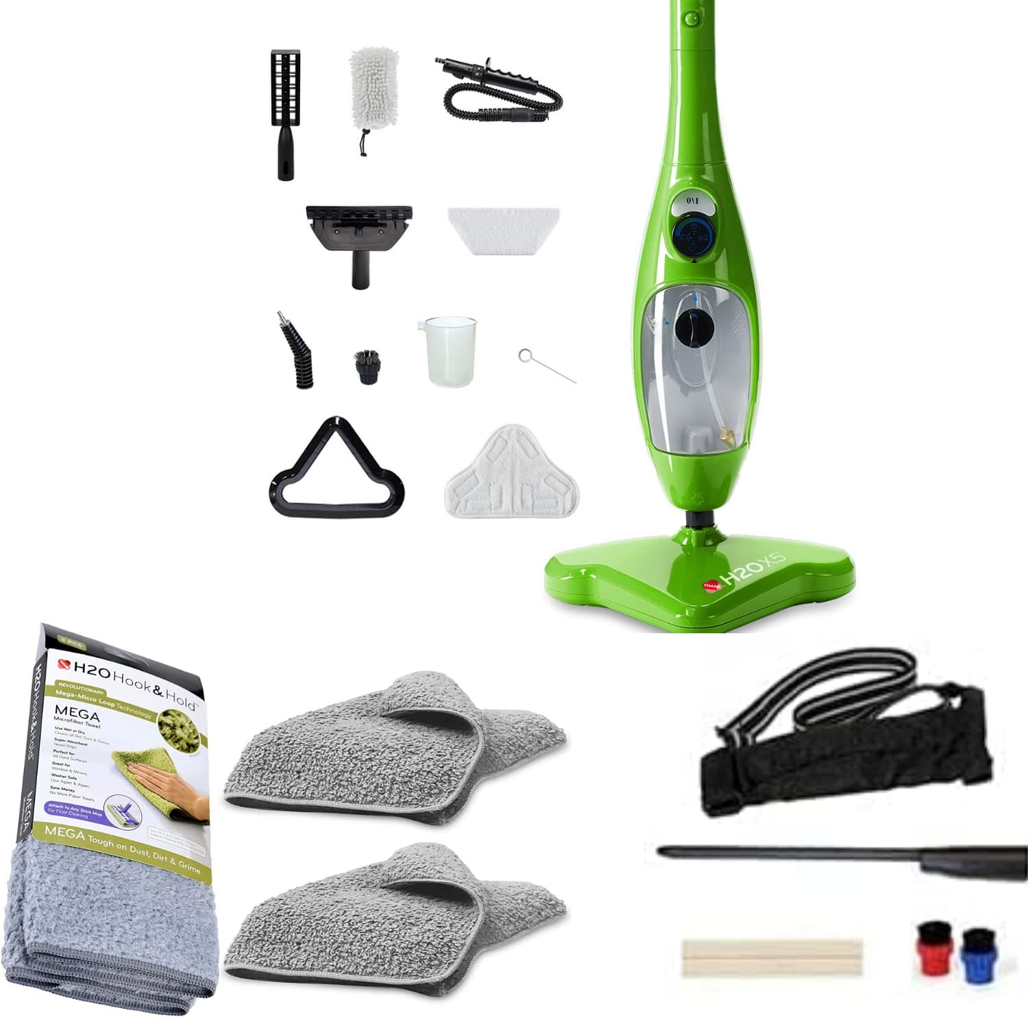 H2O Mop X5 Basic Mop 5 in 1 All Purpose Hand Held Steam Cleaner kit with Accessory Pack and H2O Hook & Hold - 2pk Cloth