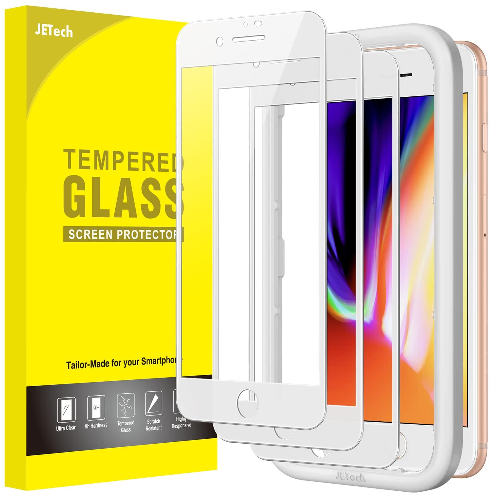JETech Full Coverage Screen Protector for iPhone SE 3 (2022)/SE 2 (2020)/8/7 4.7-Inch, White Edge Tempered Glass Film with Easy Installation Tool, Case-Friendly, HD Clear, 3-Pack (White)