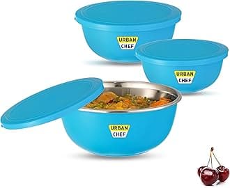 URBAN CHEF Mixing Bowl Set of 3 Stainless Steel (500ml, 800ml,1250ml) | Microwave Safe & Dishwasher Safe | Bowl Set with Lid for Gift | Bowls for Snacks | Serving Bowls Kitchen Accessories -Blue