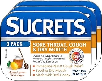 Sucrets Sore Throat & Cough Lozenges, Honey Lemon, 18 Count (3 Pack)