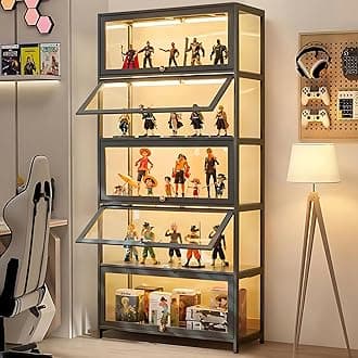Curio Display Cabinet, 5-Tier Display Case with Acrylic Glass Doors, 67" Tall Transparent Bamboo Curio Display Shelf for Collectibles, Storage Cabinet for Playroom, Bedroom, Office, Living Room, Grey