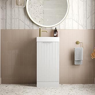 Fluted 400mm Bathroom Vanity Unit Ceramic Wash Sink, Cloakroom Storage Furniture Under Basin Cabinet Floorstanding Cupboard, Matt White