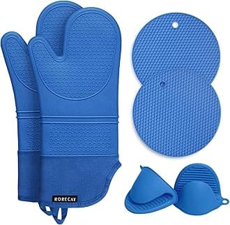 6pcs Oven Mitts and Pot Holders Sets for Kitchen, Extra Long Non-Slip Silicone Oven Gloves Heat Resistant 500 Degrees Potholders Hot Pads for Baking Cooking, Quilted Liner, Lake Blue